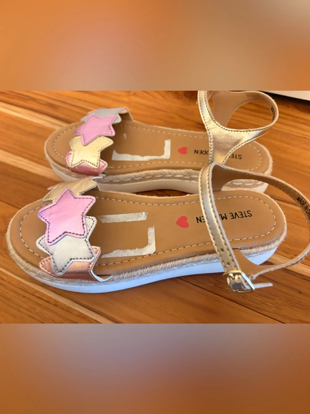 Steve Madden Metallic Gold Kids' Star Strap Sandals with Pink & Blue Accents